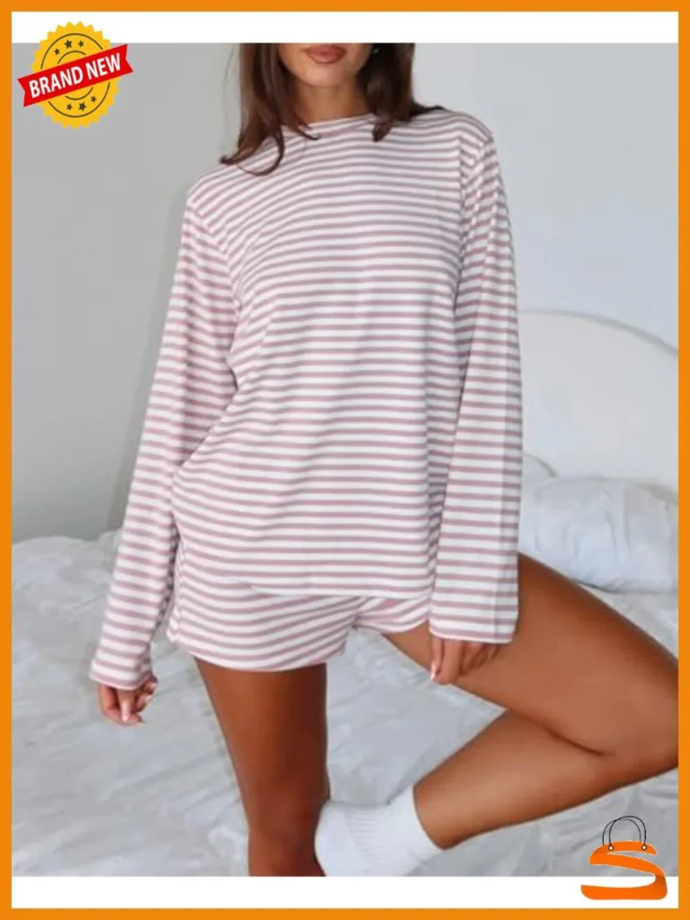 Women's 2-Piece Striped Pajama Set Long Sleeve Top & Shorts Lounge Set